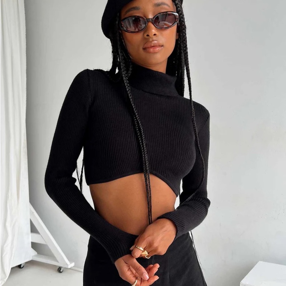 Princess Polly Black Ribbed Turtleneck Crop Top